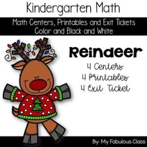 Kindergarten Reindeer Math Centers, Printables and Exit tickets